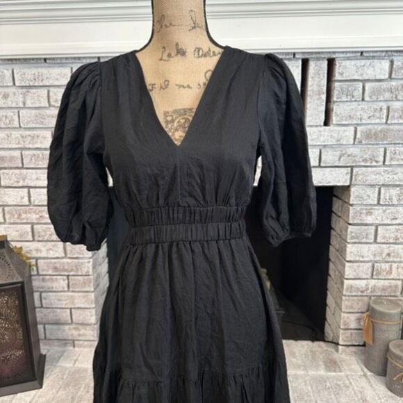 Puff Sleeve Deep V Neck Midi Dress Tiered A Line Small Goth, Voodoo, Cottagegoth - Picture 8 of 9